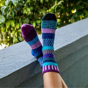 Solmate Socks Blue, Purple and Black Patterned Raspberry Knit Crew Socks